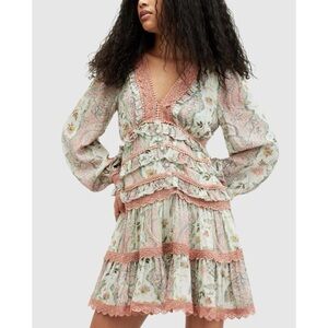 All Saints Floral Lace Trim Mini Dress - Pink and Green